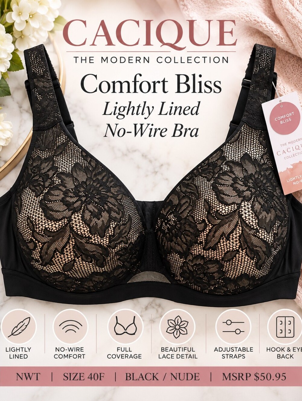 NWT 40F Cacique Comfort Bliss Lace No-Wire Bra Black Nude